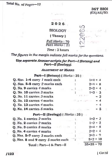 Assam HS Biology Question Paper 2026