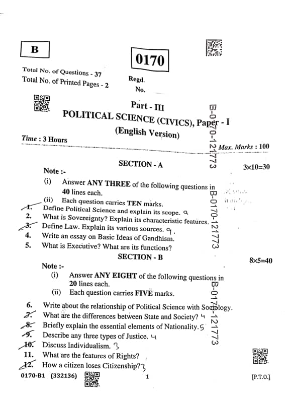 TS Inter 1st Year Political Science Question Paper 2026