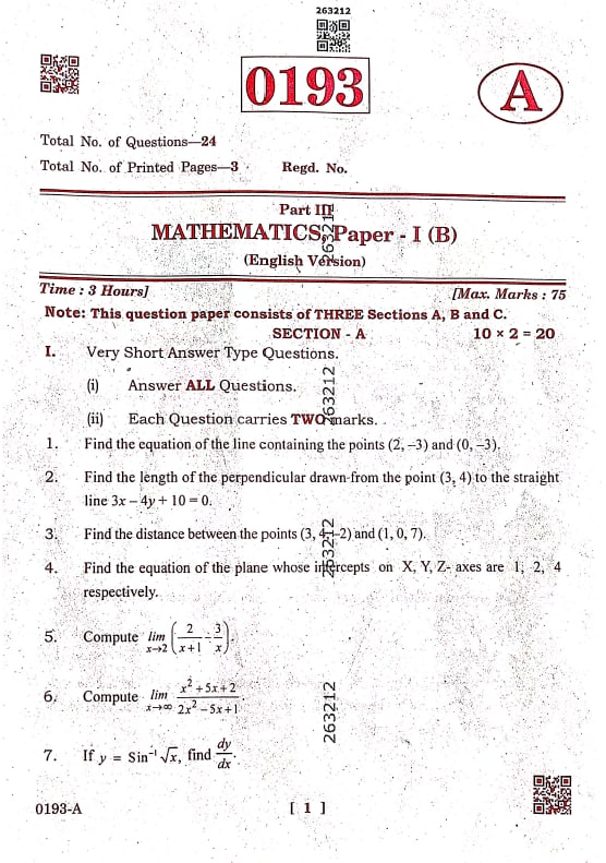 TS Inter First Year Mathematics 1B Question Paper 2026