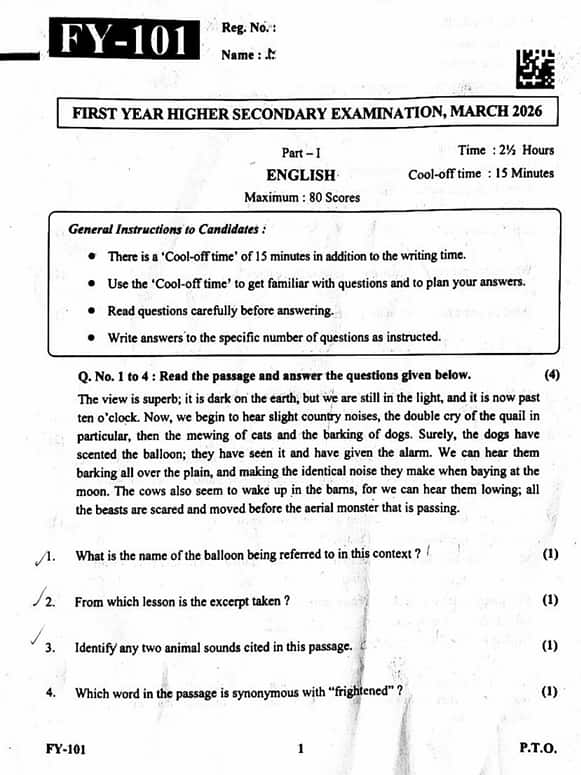 Kerala Plus 1 English Question Paper 2026
