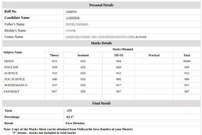 RBSE 10th Result Marksheet