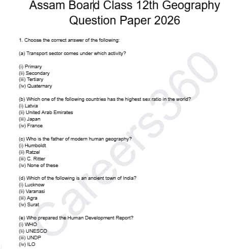 Assam Board 12th Geography Question Paper 2026