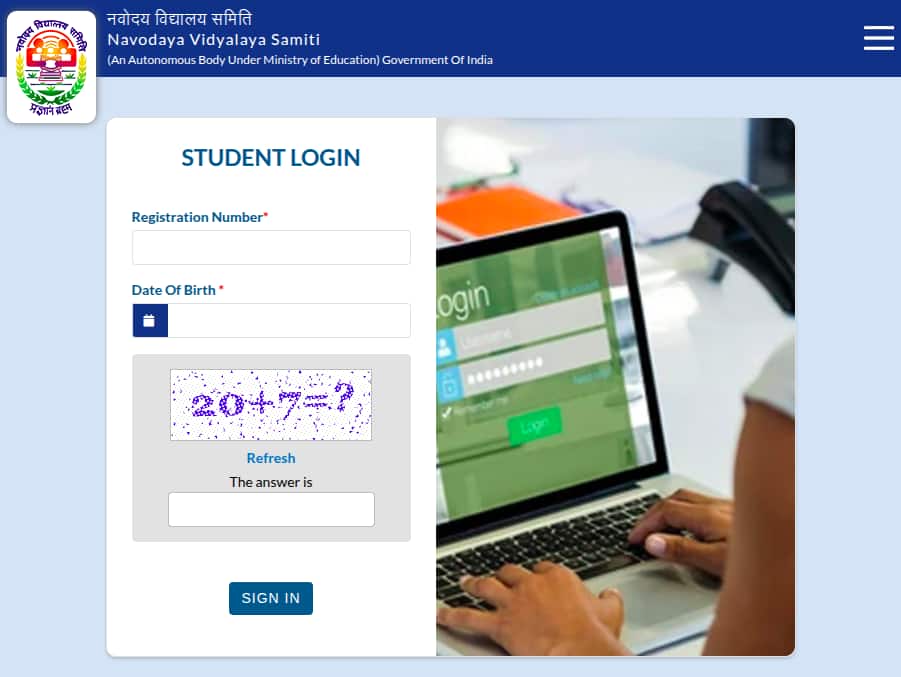 JNVST Admit Card Class 6 Winter Bound Login Window