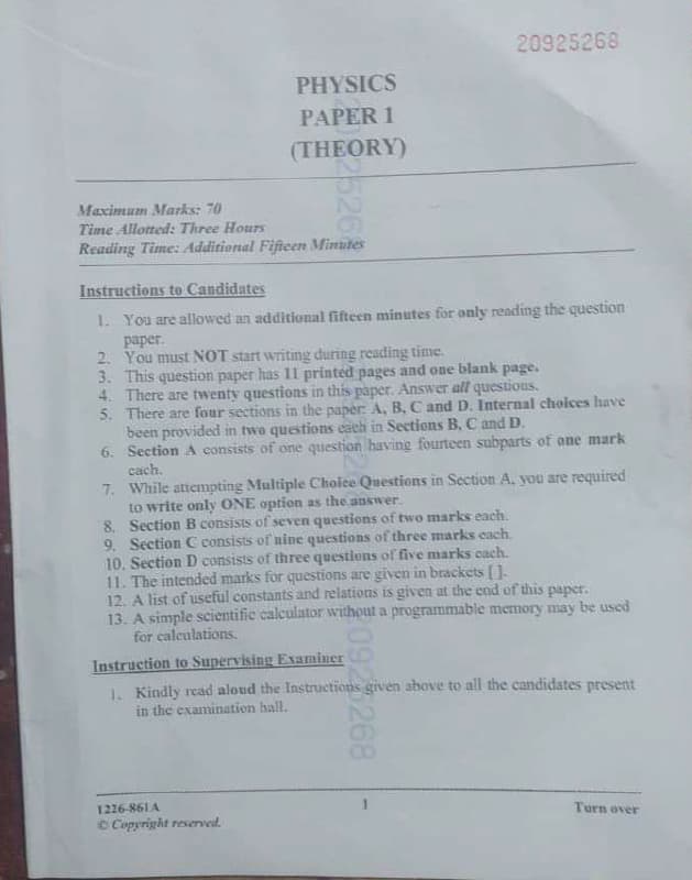 ISC Class 12 Physics Question Paper 2026