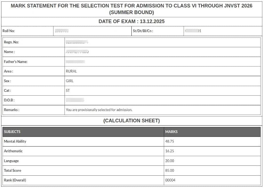 JNVST Class VI Marksheet