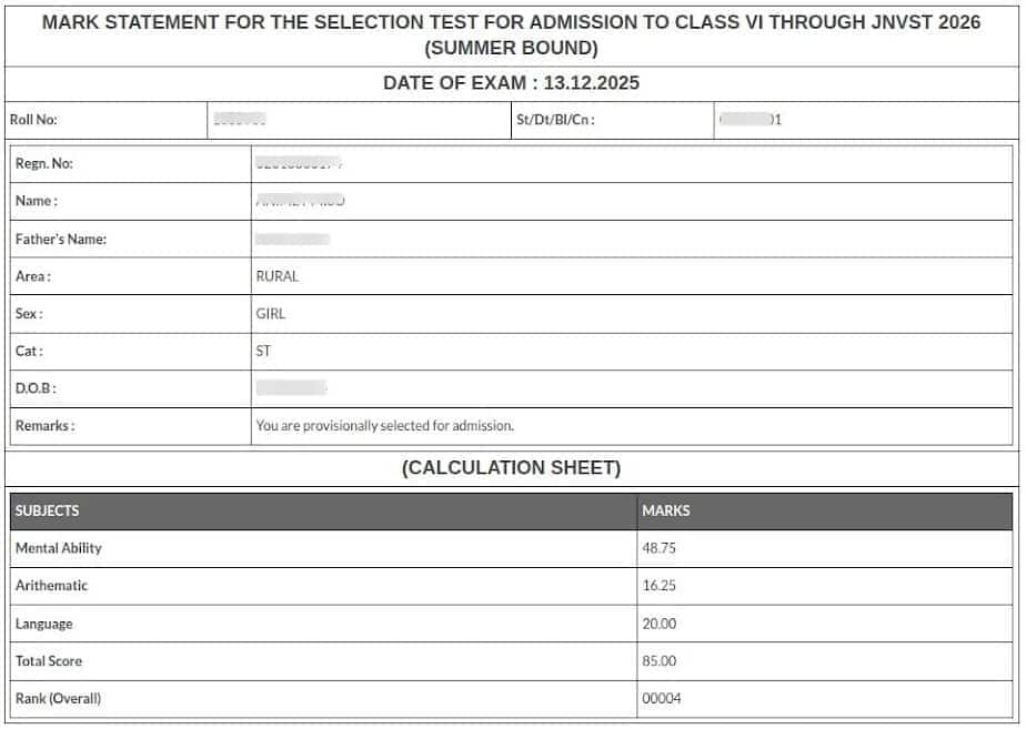 JNVST Class VI Marksheet