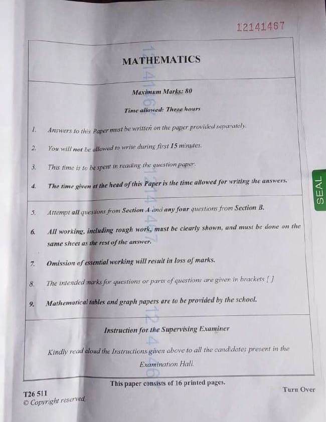 ICSE Class 10 Maths Question Paper 2026