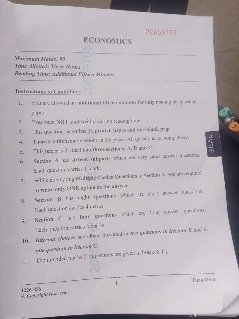 ISC Class 12 Economics Question Paper 2026