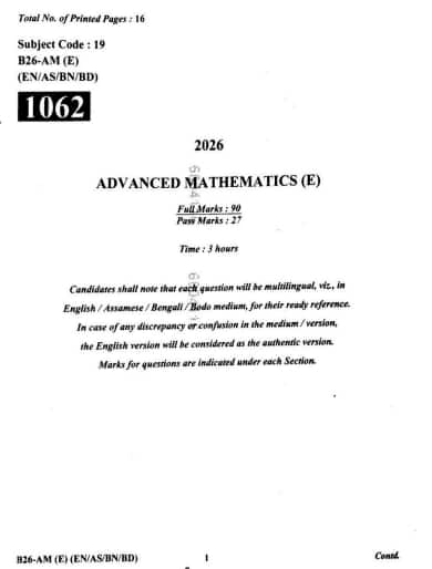 Assam HSLC Class 10 Advanced Maths Exam 2026