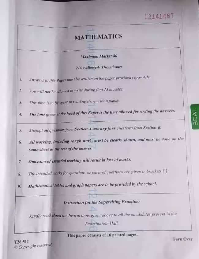 Class 10 ICSE Maths Question Paper 2026