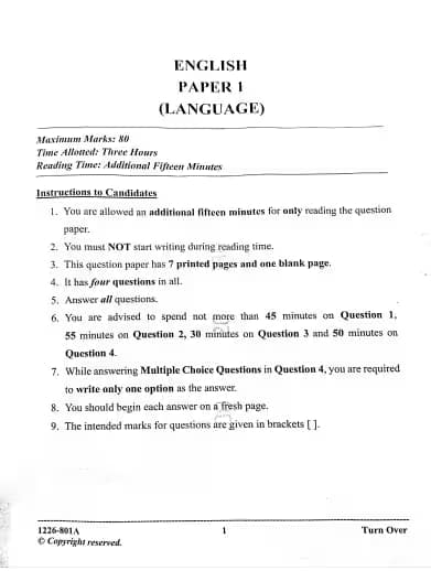 ISC Class 12 English Question Paper 2026 Paper 1