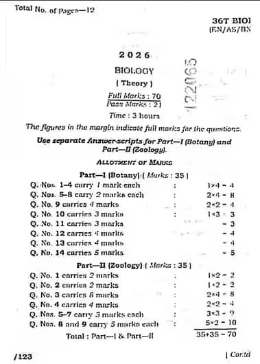 Assam HS Class 12 Biology Question Paper 2026