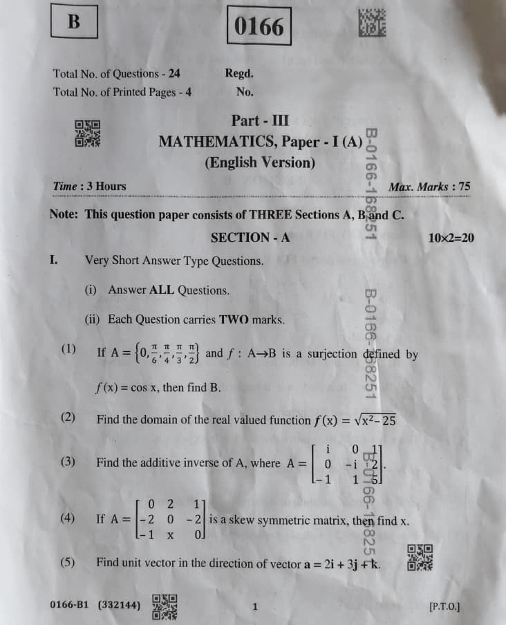 TS Inter First Year Mathematics 1A Question Paper 2026