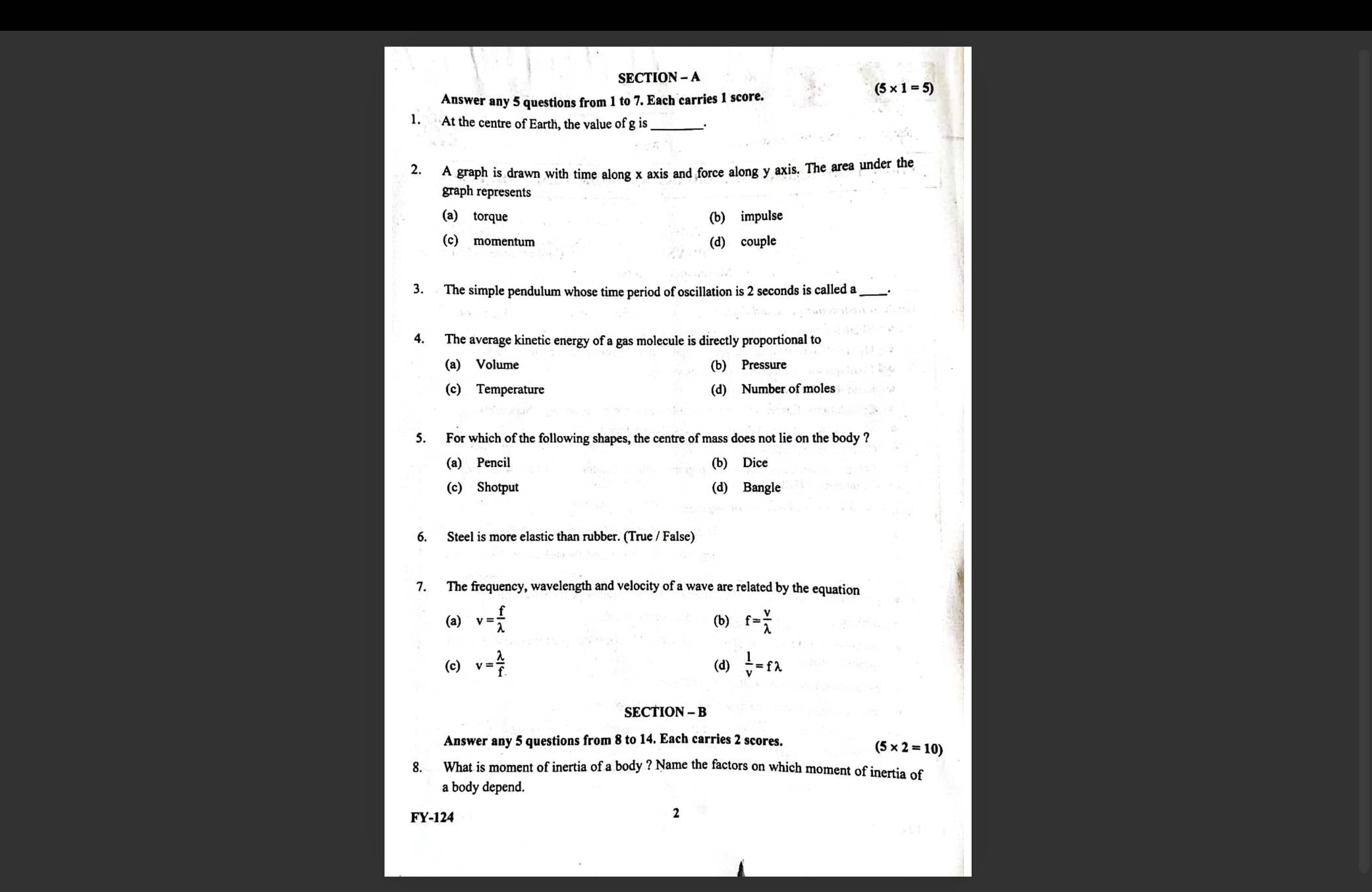 Kerala Plus One Physics Question Paper 2026
