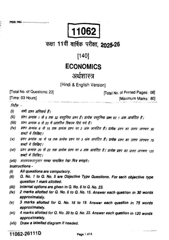 MP Board 11th Economics Question Paper 2026