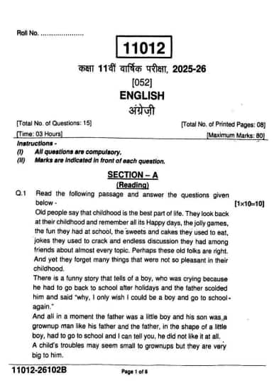 MP Board Class 11 English Question Paper 2026