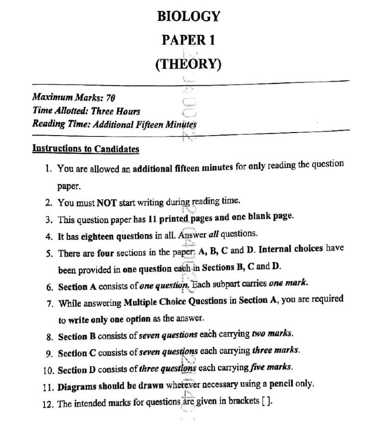 ISC Class 12 Biology Question Paper 2026
