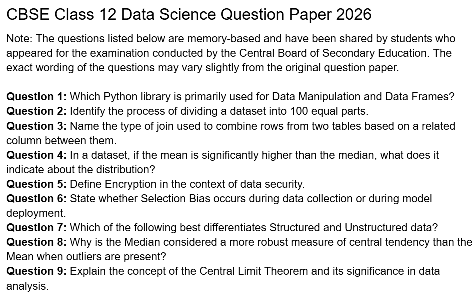 CBSE Class 10 Data Science Question Paper 2026