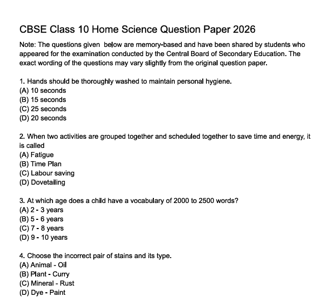 CBSE Class 10 Home Science Question Paper 2026