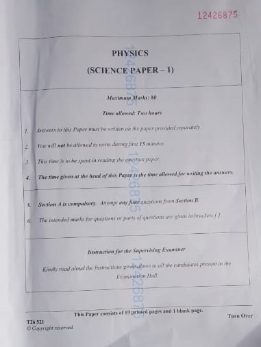 ICSE Class 10 Physics Question Paper 2026