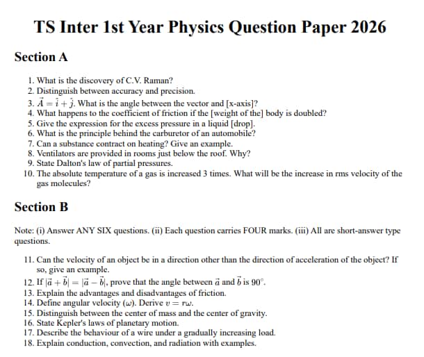 TS Inter 1st Year Physics Question Paper 2026