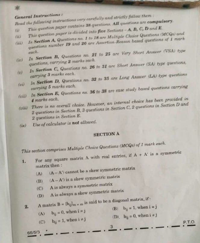 CBSE Class 12 Maths Question Paper 2026
