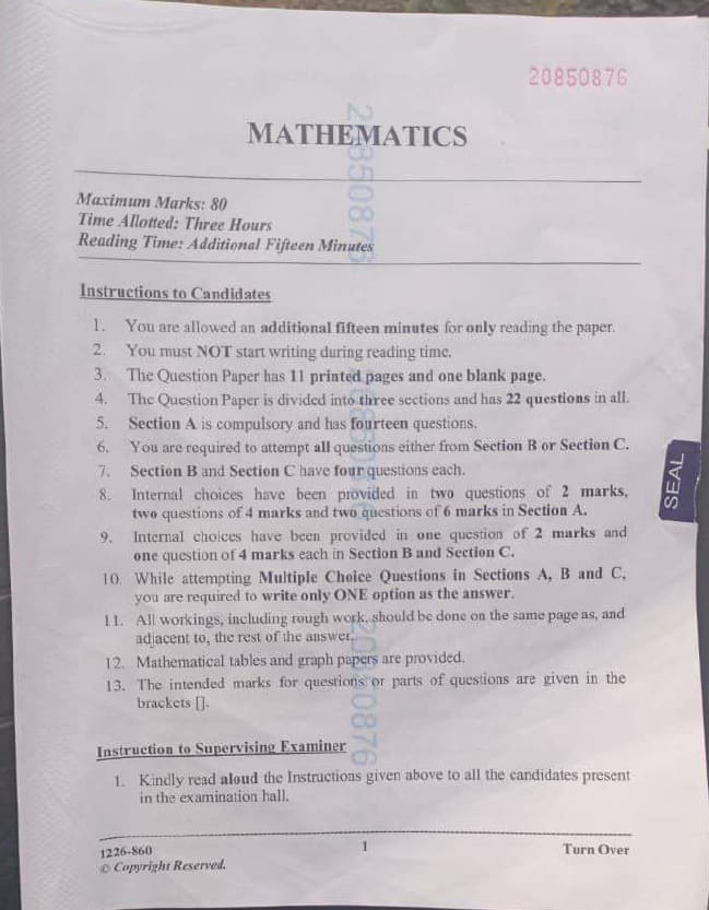 ISC Class 12 Maths Question Paper 2026
