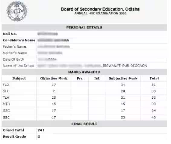 BSE Odisha Annual HSC Exam Marksheet