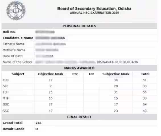 Odisha 10th Result Marksheet