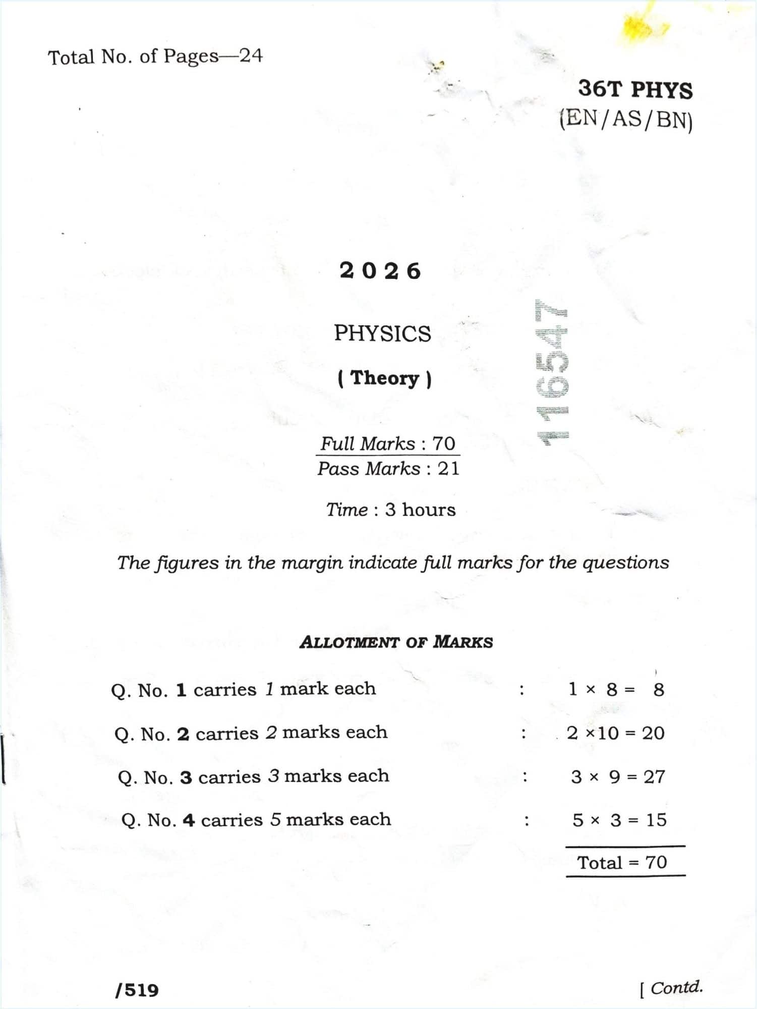 Assam HS Physics Question Paper 2026