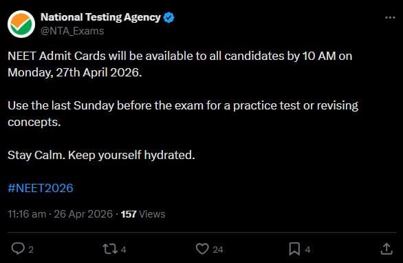 NEET Admit Card 2026 tomorrow