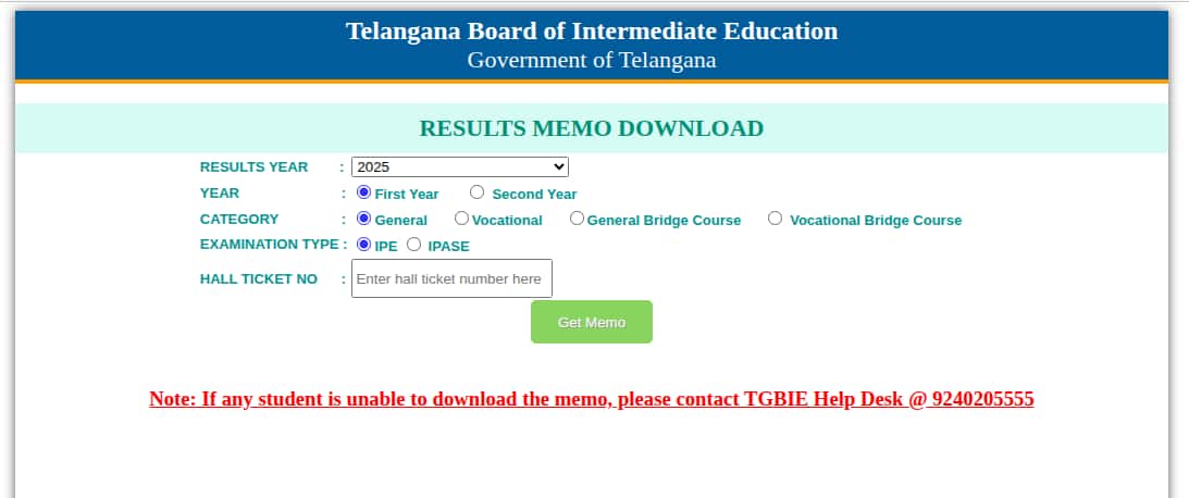 TSBIE Intermediate Result Login Window