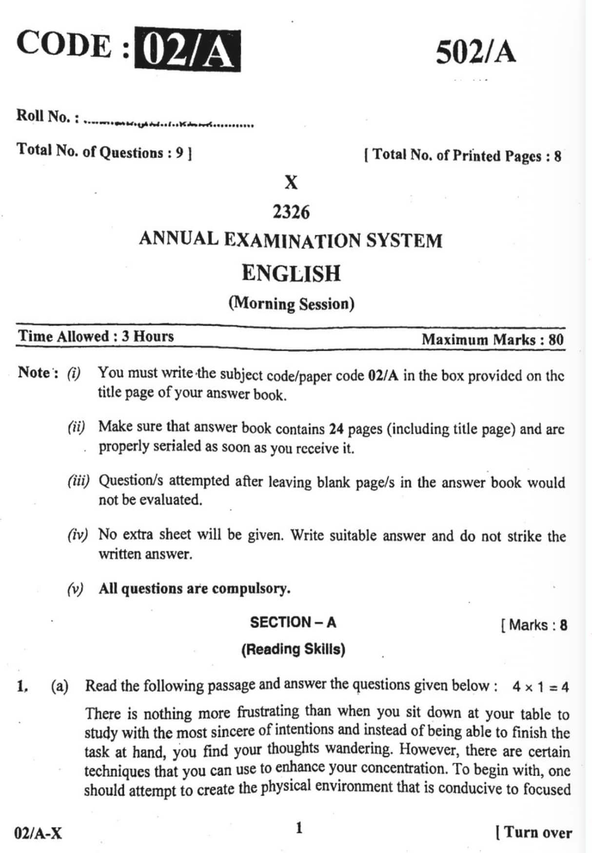 PSEB Class 10 English Question Paper 2026