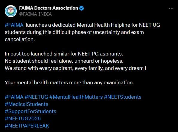 FAIMA launches a Mental Health Helpline for NEET UG students