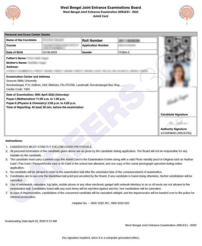 WBJEE Admit card looks like