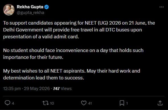 Re-NEET 2026: Free bus for NEET aspirants in Delhi