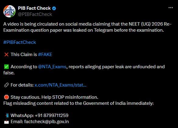 PIB dismissed the claim of Re-NEET paper leak