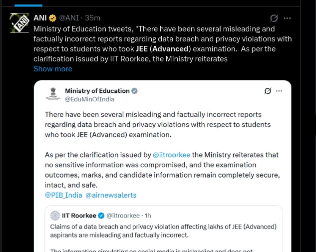 ANI Post on JEE Advanced Paper Leak