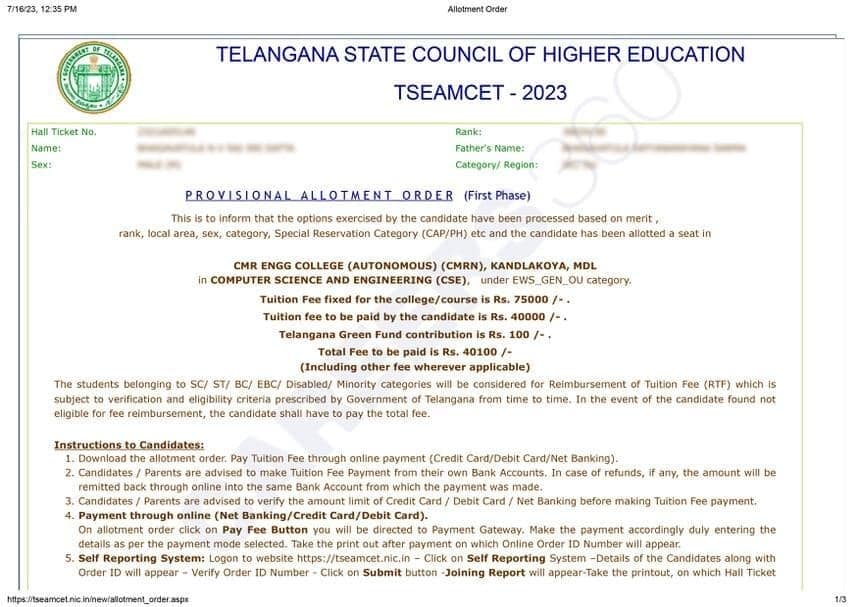 TS EAMCET Seat Allotment Letter Looks like