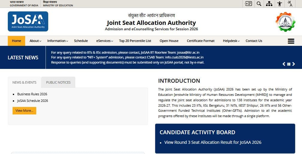 JoSAA Round 3 Seat Allotment 2026 Link Active
