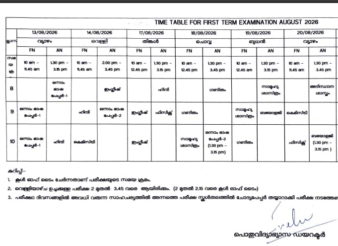 Kerala SSLC Onam Exam Time Table 2026-27