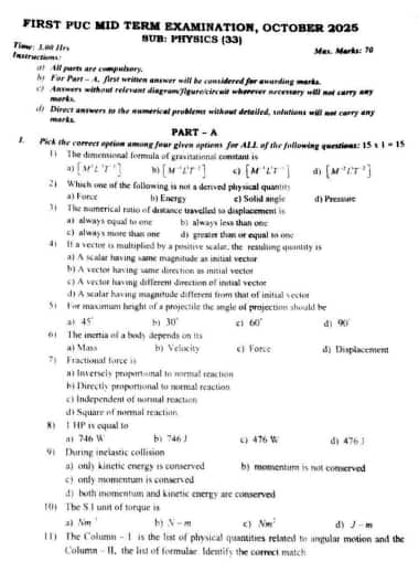 Karnataka 1st PUC Mid Term Question Paper 2025-26 PDF All Subjects