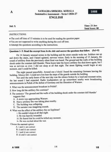 Kerala SSLC Onam Exam English Question Paper 2026