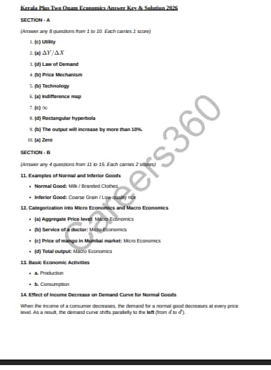Kerala Plus Two First Terminal Onam Economics Answer Key 2026