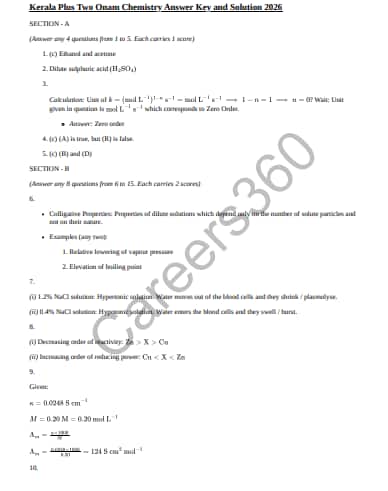Kerala Plus Two First Terminal (Onam) Chemistry Answer Key Paper 2026
