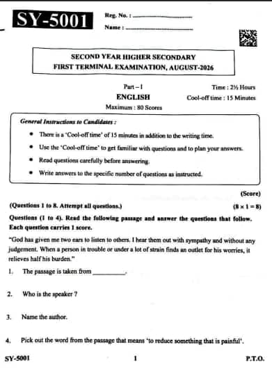 Kerala Plus 2 First Terminal English Question Paper 2026