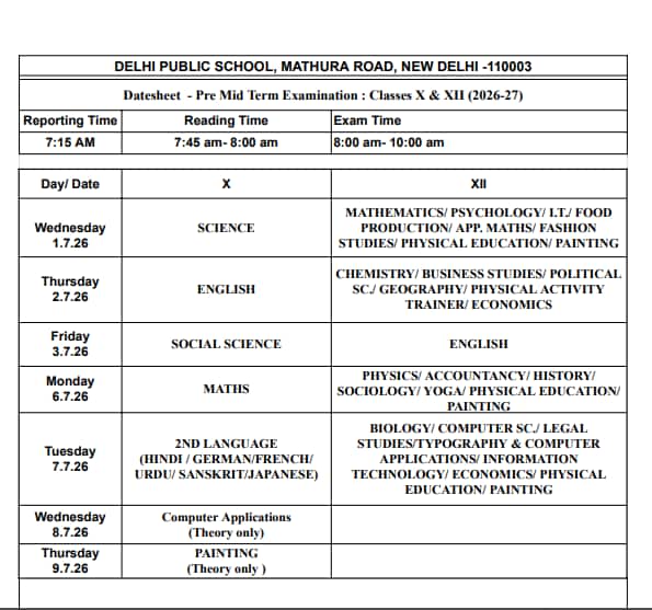 CBSE Pre-Term Exam Date Sheet 2026-27