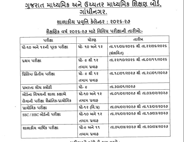 GSEB Official Exam Calendar