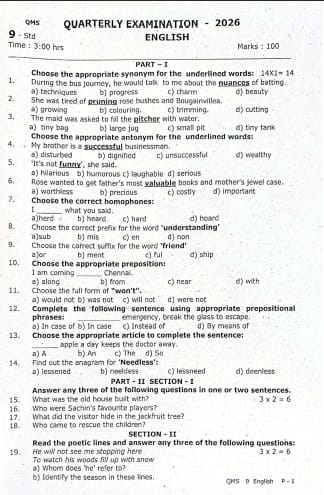 Tamil Nadu Class 9 Quarterly English Question Paper 2026-27