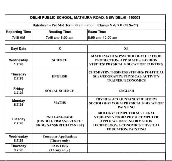 CBSE Pre-Term Exam Date Sheet 2026-27